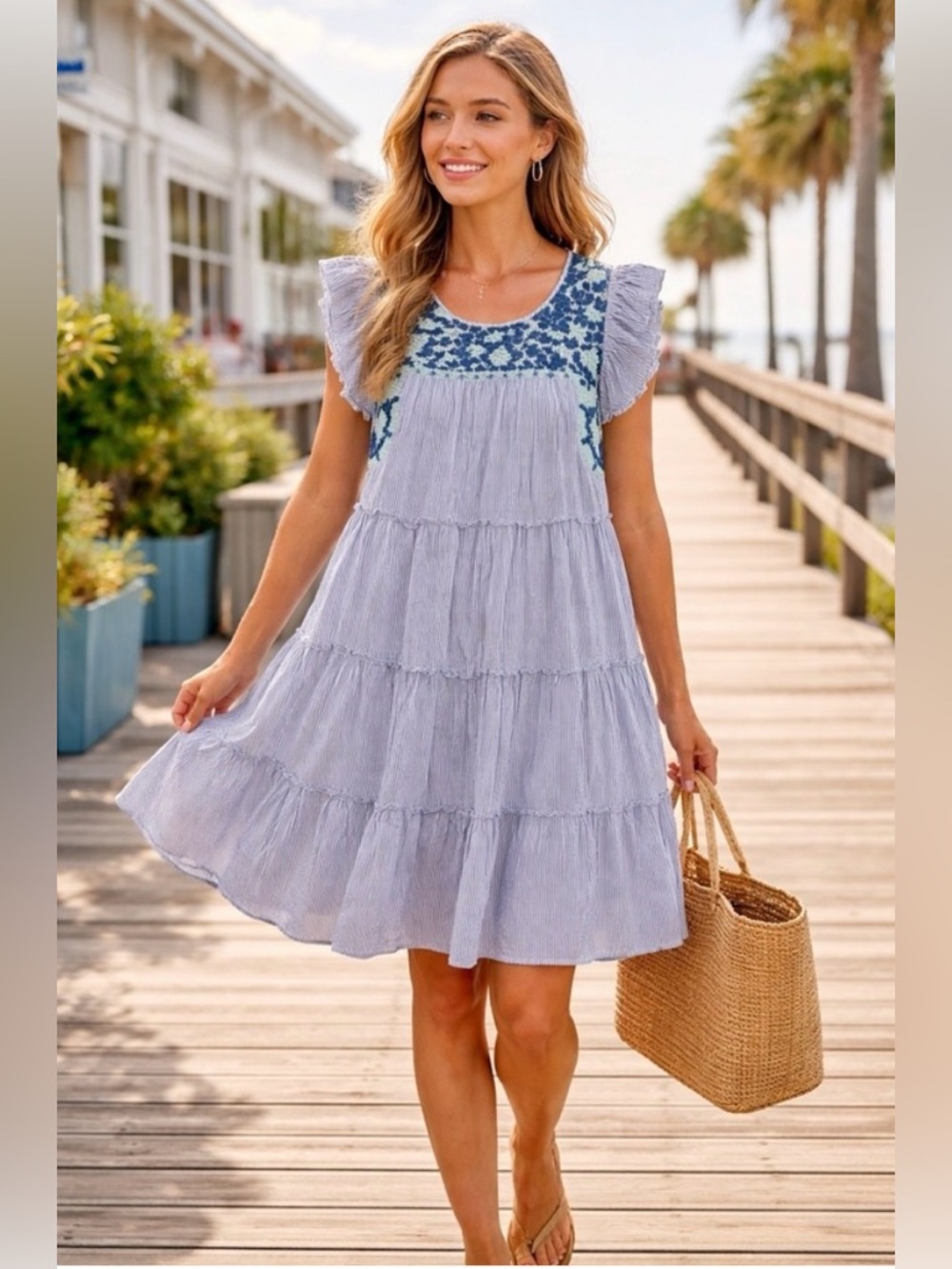 J.Marie Blue Striped Tiered Midi Dress with Navy Embroidered Yoke